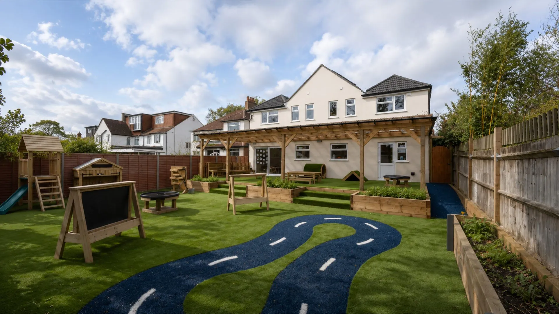 Ladybird Nursery — timber pergola and outdoor play area